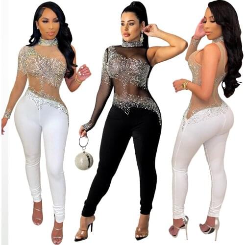 Sexy Diamonds Sheer Mesh Patchwork Jumpsuit for Women Mock Neck Long Sleeve Bodycon Overalls Night Club Outfits One Piece 2021