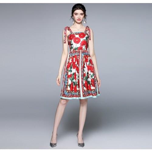 Runway Dress Women 2021 Summer Bow Tied Spaghetti Strap Sleeveless Floral Print Slim Vintage Dress Female Vestidos k6826h