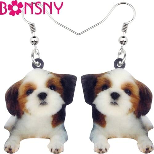 Bonsny Acrylic Sweet Cartoon Chinese Shih Tzu Dog Earrings Dangle Drop Cute Animal Jewelry For Women Girls Gift Accessories Bulk