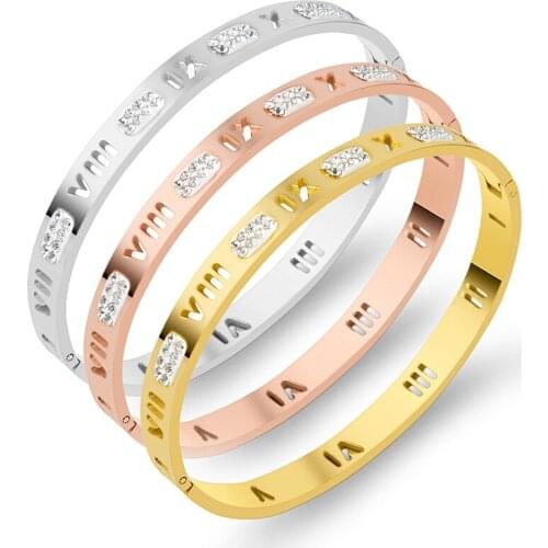 Classic Hollow Roman Letter Crystal Bracelets & Bangles For Women Couple Jewelry Stainless Steel Bangle Gold Wedding Pulseiras