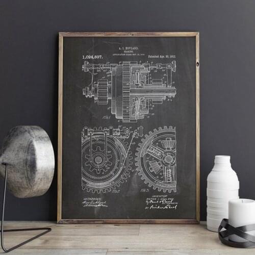 Metal Gears Patent Mechanical Gearing artwork Wall Art Prints Posters Home Room Decor Vintage Blueprint Canvas Painting Picture