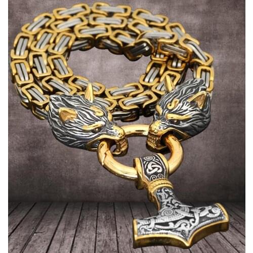 Punk Nordic-Celtic Wolf Men Necklace Viking-Wolfs Head Pendant Scandinavian Rune Accessories Norse Amulet Jewelry