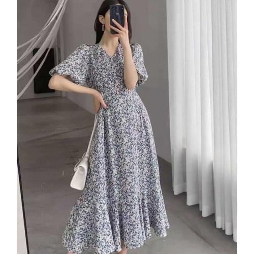 Women Elegant Ladies Summer V Neck Puff Sleeve New Arrival Print Slim A Line Temperament Ruffles Patchwork Office Party Dresses