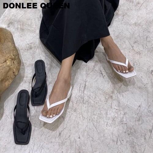 2020 New Fashion Square Toe Heels Slippers Women Slip On Slides Narrow Band Sandal Summer Shoes Beach Flip Flops Outdoor Slipper