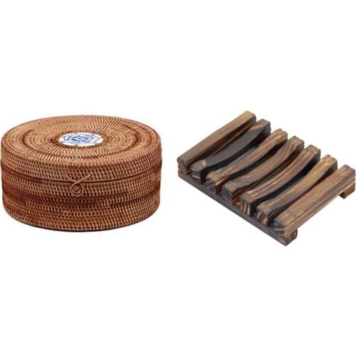 1 Pcs Handmade Rattan Pu'Er Tea Cake Storage Box & 1 Pcs Bamboo Wood Soap Dish Storage Holder