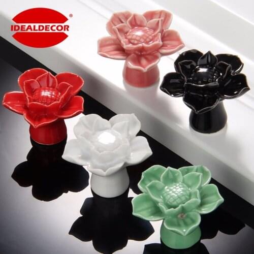 10PCS Lotus Flower Porcelain Knobs Kitchen Cabinet Pulls Dresser Drawer Cupboard Door Handle Knobs Single Hole