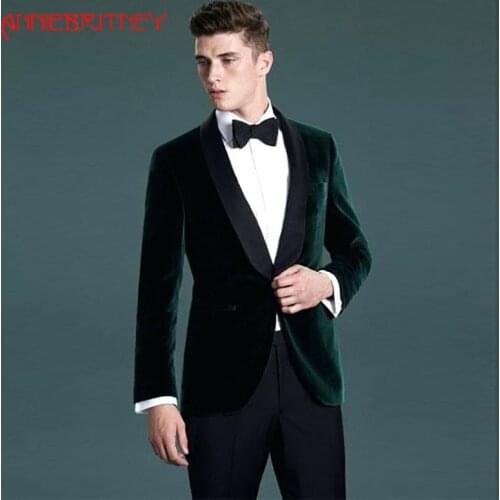 2018 green velvet Smoking man suit for wedding satin shawl lapel evening party custom blazer jacket slim fit Men Suit 2 piece