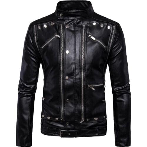 2020 Fashion Mens Rivets Motorcycle Biker Leather Jackets Multi-zipper Black Leather Jackets Men 5XL jaqueta de couro masculina