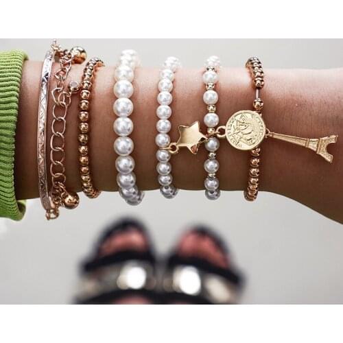 6 Pieces / Set Fashion Retro Gold Color Beads Pearl Star Phil Tower Multi-layer Beads Bracelet Set Womens Charm Party Jewelry
