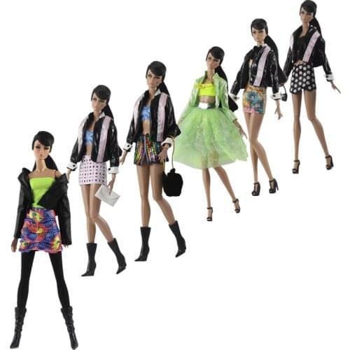 1/6 BJD Accessories Fashion Leather Style Doll Clothes Set for Barbie Clothes Outfits Skirt Dress Bra Leather Coat Jacket Tops