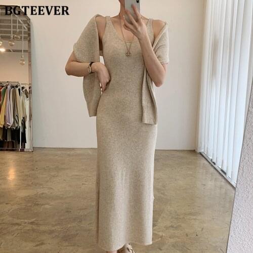 BGTEEVER Chic Women 2 Pieces Knit Set O-neck Short Pullover Sweters & Sleeveless Ladies Knitted Skinny Long Dress 2020 Autumn
