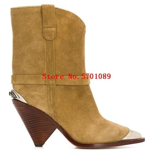 Metal Toe Cap Lamsy Boots Multiple Front Straps Pull-on Style Medium-sized Heel Silver-tone Metal Inserts Shoes