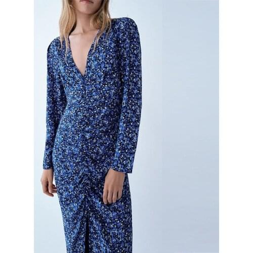 Printed Floral Long Dress Women Long Sleeved Slim Midi Dresses Autumn Vintage V Neck Pleated Dresses Casual Fashion Vestidos