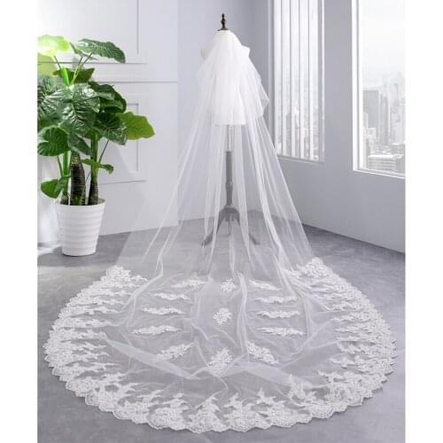 White/Ivory 3.5M Cathedral Length Lace Edge Appliqued Bridal Head Veil With Comb Long Wedding Veil Accessories velos de novia