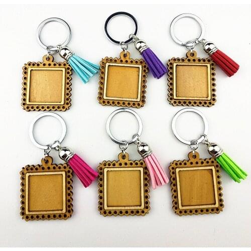 Jiangzimei 24pcs new square 25MM round 25mm Wood Cabochon Stainless Steel Keychain Blank Wooden pendant with tassels Keyring