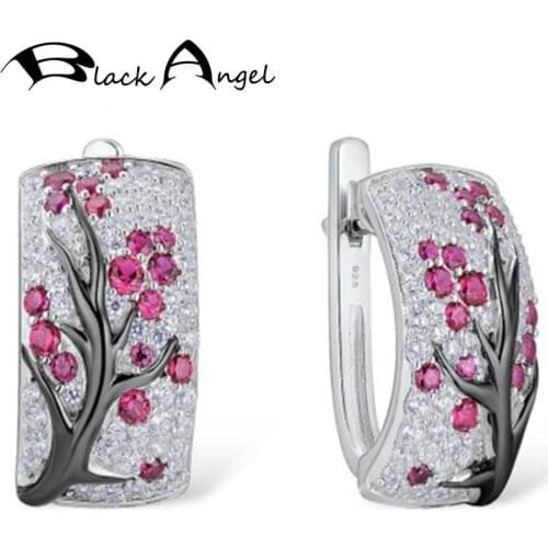 BLACK ANGEL Ruby Plum Blossom Clip Earrings 925 Silver Red Gemstone CZ Earrings 2020 New Fashion Jewelry Wholesale