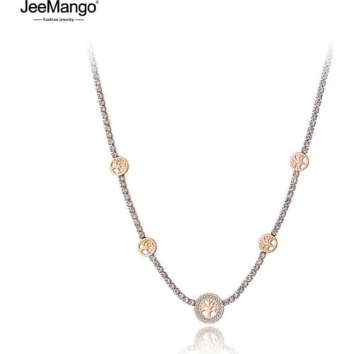 JeeMango Sparkling Stainless Steel CZ Crystal Plant Tree Choker Necklaces For Women Girl Trendy Full Rhinestone Necklace JN19188