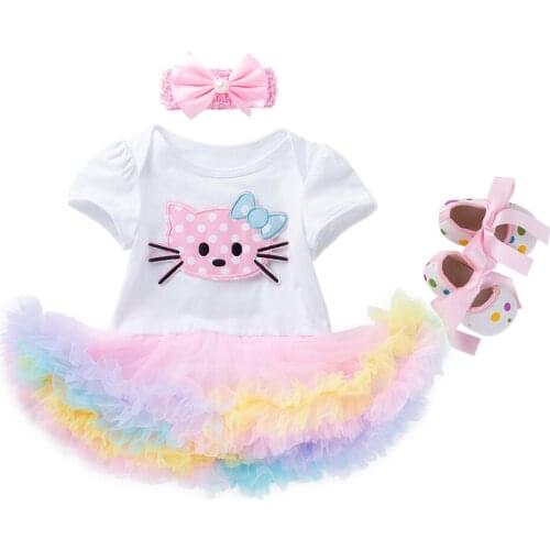 Newborn Baby Girl Romper Dress Set 3pcs Dress/ Bowknot Headband/shoe Pricess Type Clothes Set White Toddler Girl Dresses 0-24m