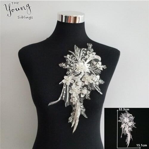 Embroidery Lace Neckline Rhinestone 3D Applique ABS pearl Trim Lace Collar DIY Wedding dress Sewing Craft Accessory Scrapbooking