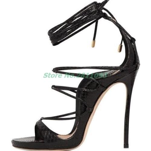 Hot Selling Lace-up High Heel Sandal Woman Sexy Open Toe Cutouts Shoe Thin Heels Gladiator Shoe Black Silver Purple