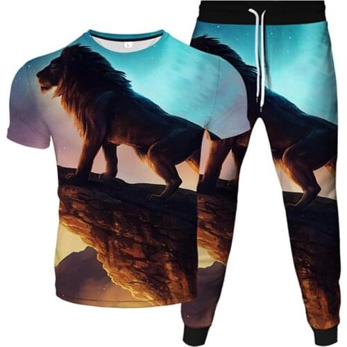Mens Fashion Tracksuit Cartoon Animal King Lion Galaxy 3D Print Homme Sportwear Suits Unisex T-Shirt+Trousers 2pcs Set Clothing