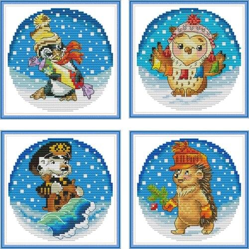 Printed Cross Stitch Kit Counted Cross Stitch Joy Sunday 11CT Cartoon Animals In Snow Cross Stitch Kit Embroidery Needlework Set