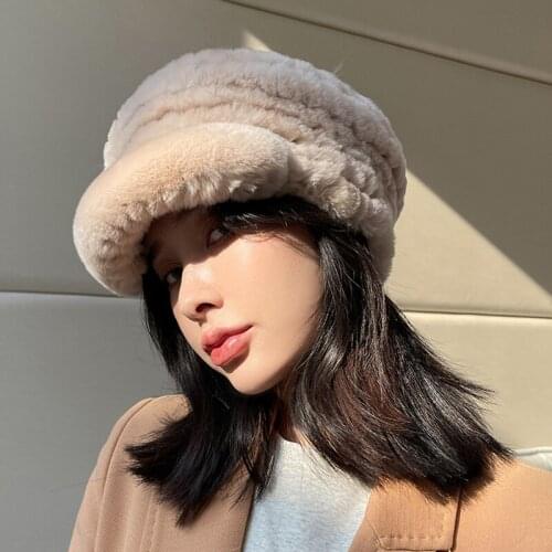 2021 New Arrivals Streetwear Caps Real Rex Rabbit Fur Hat Casquette Women Beret Female Hats TZ8635