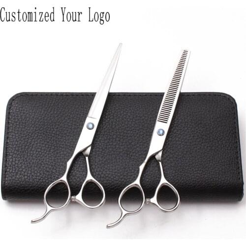 Left Hand 7" Stainless Engraving Logo Blue GEM Haircut Scissors Normal Scissors Thinning Shears Professional Hair Scissors Z8000