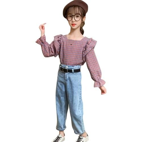 Girls Clothes Plaid Blouse + Jeans Girls Clothing Casual Style Clothes For Teenage Girls Spring Autumn Childrens Clothes Girl