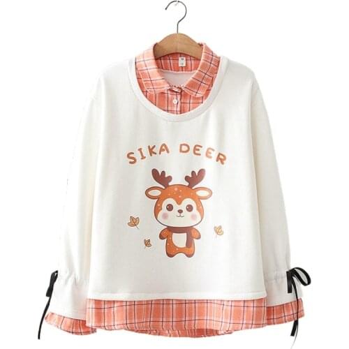 Autumn Winter Japan Style Cartoon Print Women Fleece Fake Two Piece Lapel Plaid Plus Velvet Harajuku Sweatshirt 2011356