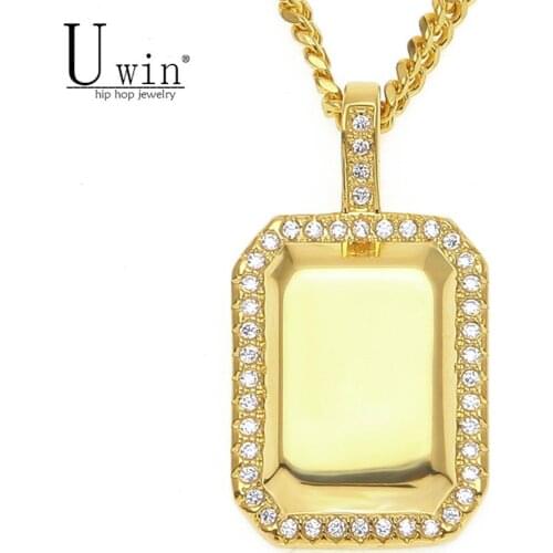 UWIN Iced out Copper Square Dog Tag Pendant Necklace Bling AAA Cubic Zircon Gold silver color Mens Women Hip hop Necklace Chain