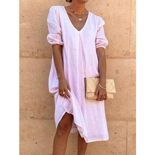 Europe and the United States hot new womens dress cotton and linen large size loose V-neck retro solid color casual