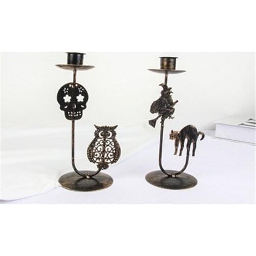 Halloween Candle Holder Retro Metal Pumpkin Witch Spider Skeleton Candlestick Table Decoration For Party Livingroom Home Decor