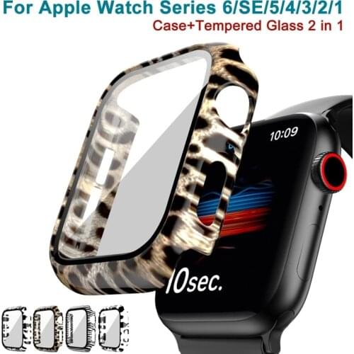 Apple Watch Full Bumper Frame, Apple Watch Frosted Tempered Glass Screen Protector 6 SE 5 4 3 2 1 Leopard Print Screen Protector