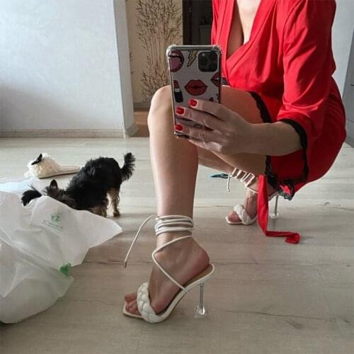 2021 Women Weave Hight Thin Heels Sandals Woman Gladiator Square Toe Humps Female Summer Sexy Shoes Ladies Big Size Footwear