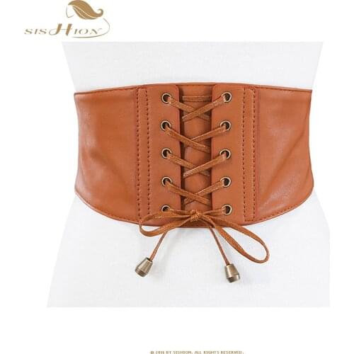 SISHION Lace Up Women Cummerbund Corset Vintage Criss-cross Waistband Accessories Black White Brown Wide Leather Belt VB0006