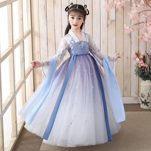 Chinese Traditional Folk Dance Dress Girls Fairy Embroidery Skirt Hanfu Girls Princess Dresses Set Kids Party Cosplay Clothing