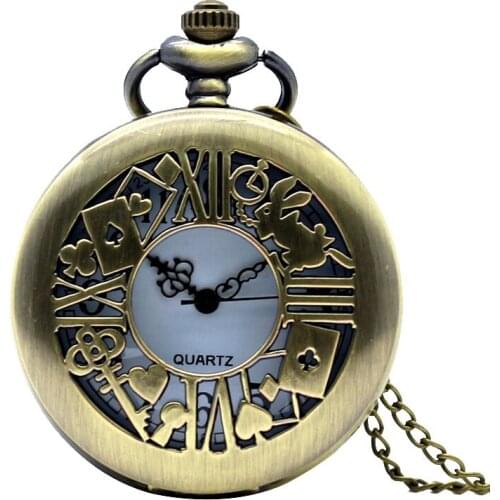 Vintage Hollow Out Rabbit &Playing Card& Key Pocket Watch Women Mens Best Birthday Gifts