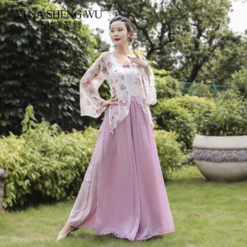 Women Classical Dance Practice Clothes Shirt Elegant Printing Body Rhyme Gauze Long Flared Sleeves Top Loose Folk Dance Wear