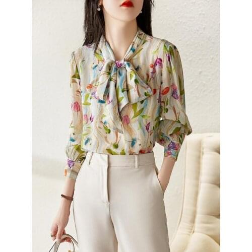 Floral Chiffon Women Blouse Summer New 2021 Bow Neck Long-Sleeved Slim Elegant Office Lady Pulls Outwear Tops