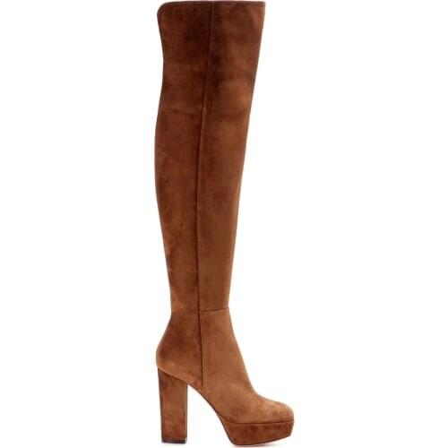 2021 Spring Womens Long Boot Brown Suede Platform Thick High Heels Knee Boots Square Toe Over-the-knee Modern Boots Shoes Woman