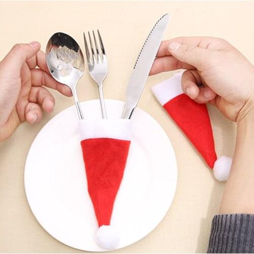 10pcs Christmas Decorations for Home Mini Cap Tableware Cutlery Holder Bags Christmas Hat Navidad Natal Christmas Table Decor
