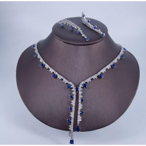 2021 new fashion luxury blue red yellow CZ zircon necklace earring set,wedding bridel dinner banquet dress jewelry free shipping