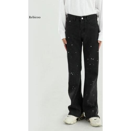 Paint Dot Broken Hem Small Bootcut Casual Denim Pant for Male Streetwear Hip Hop Vintage Fashion Loose Jeans Trousers Men