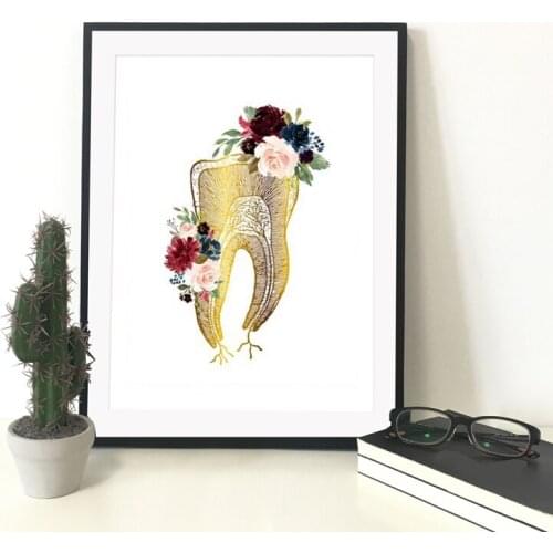 Human Tooth Anatomy Medicine Canvas Painting Medical Student Gift Tooth And Flowers Wall Art Poster Prints Doctors Office Decor