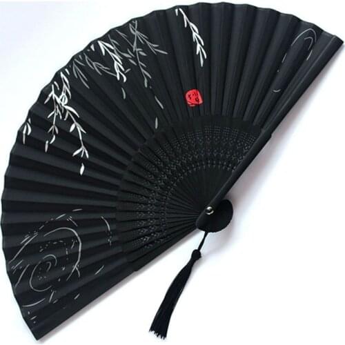 Chinese Japanese Folding Fan Wooden Shank Classical Dance Fan High Quality Tassel Elegent Female Fan Martial Arts Style Gifts