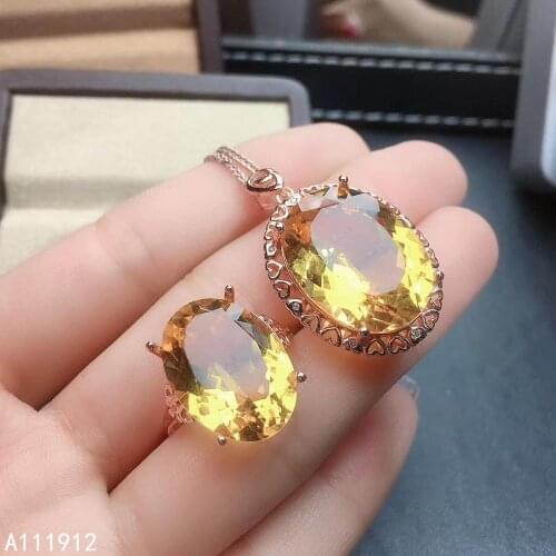 KJJEAXCMY fine jewelry Citrine 925 sterling silver women pendant necklace chain ring set fashion