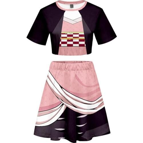Demon Slayer Kamado Nezuko Cosplay Costume 3D Print Women Crop Top Skirt Outfits Two Piece Sets