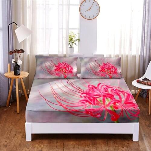 Red Stamen Digital Printed 3pc Polyester Fitted Sheet Mattress Cover Four Corners with Elastic Band Bed Sheet Pillowcases