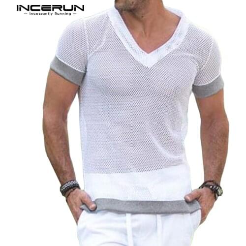 Summer Men Casual T Shirt V Neck Mesh Patchwork Short Sleeve See Through Breathable Tee Tops Streetwear Sexy Camisetas INCERUN